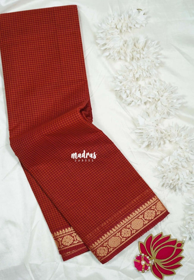 Brick Maroon - Classic Kanchi Cotton Kandangi Micro Checks with Rudraksham Zari Border without Blouse - Best for Temple Visit