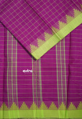 Magenta Purple - Classic Kanchi Chettinad Cotton Kandangi Checks with Temple Weaving Border without Blouse - Best for Temple Visit