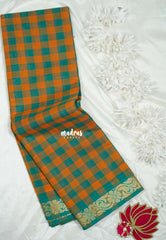 Yellowish Orange with Teal Green - Classic Kanchi Cotton Kandangi Checks Zari Border without Blouse - Best for Temple Visit