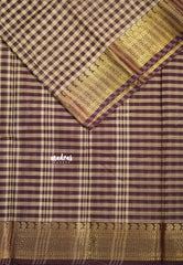 Beige with Brown - Classic Kanchi Cotton Kandangi Checks with Zari Border without Blouse - Best for Temple Visit