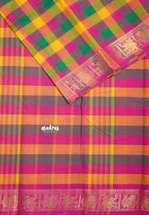 Green, Orange and Pink - Classic Kanchi cotton Paalum Pazhamum kandangi  Kattam with Peacock Border without Blouse - Best for Temple Visit