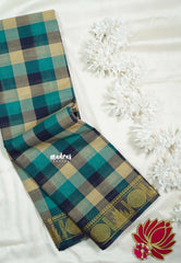 Beige, Teal Blue and Green - Classic Kanchi cotton Paalum Pazhamum kandangi Kattam with Ruddraksham and Temple Border without Blouse - Best for Temple Visit