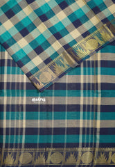 Beige, Teal Blue and Green - Classic Kanchi cotton Paalum Pazhamum kandangi Kattam with Ruddraksham and Temple Border without Blouse - Best for Temple Visit