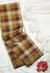 Beige, Mustard and Brown - Classic Kanchi cotton Paalum Pazhamum kandangi  Kattam with Peacock Border without Blouse - Best for Temple Visit