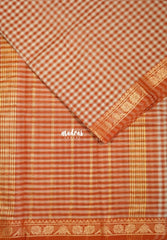 Beige with Brick Orange - Classic Kanchi Cotton Kandangi Checks with Zari Border without Blouse - Best for Temple Visit
