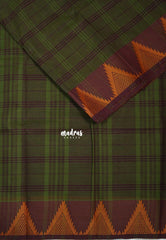 Dual Shade Olive Green - Classic Kanchi Chettinad Cotton Kandangi Big Checks with Temple Weaving Border without Blouse - Best for Temple Visit