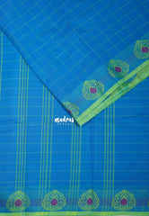 Dodger Blue - Classic Kanchi chettinad Cotton Kandangi Checks with Thread Weaving Border without Blouse - Best for Temple Visit
