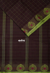 Deep Coffee Brown - Classic Kanchi chettinad Cotton Kandangi Checks with Thread Weaving Border without Blouse - Best for Temple Visit