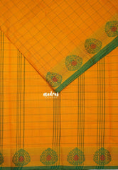 Mango Yellow - Classic Kanchi chettinad Cotton Kandangi Checks with Thread Weaving Border without Blouse - Best for Temple Visit