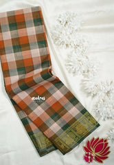 Beige, Mustard Orange and Green - Classic Kanchi cotton Paalum Pazhamum Kandangi  Kattam with Peacock Border without Blouse - Best for Temple Visit