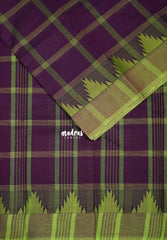 Jamun Purple - Classic Kanchi Chettinad Cotton Kandangi Big Checks with Temple Weaving Border without Blouse - Best for Temple Visit