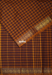 Mustard and Brown - Classic Kanchi Cotton Kandangi Checks Rundraksham, Annam Zari Border without Blouse - Best for Temple Visit