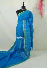 Dodger Blue - Classic Kanchi chettinad Cotton Kandangi Checks with Thread Weaving Border without Blouse - Best for Temple Visit