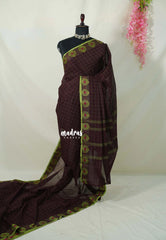 Deep Coffee Brown - Classic Kanchi chettinad Cotton Kandangi Checks with Thread Weaving Border without Blouse - Best for Temple Visit