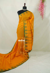 Mango Yellow - Classic Kanchi chettinad Cotton Kandangi Checks with Thread Weaving Border without Blouse - Best for Temple Visit