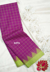 Magenta Purple - Classic Kanchi Chettinad Cotton Kandangi Checks with Temple Weaving Border without Blouse - Best for Temple Visit
