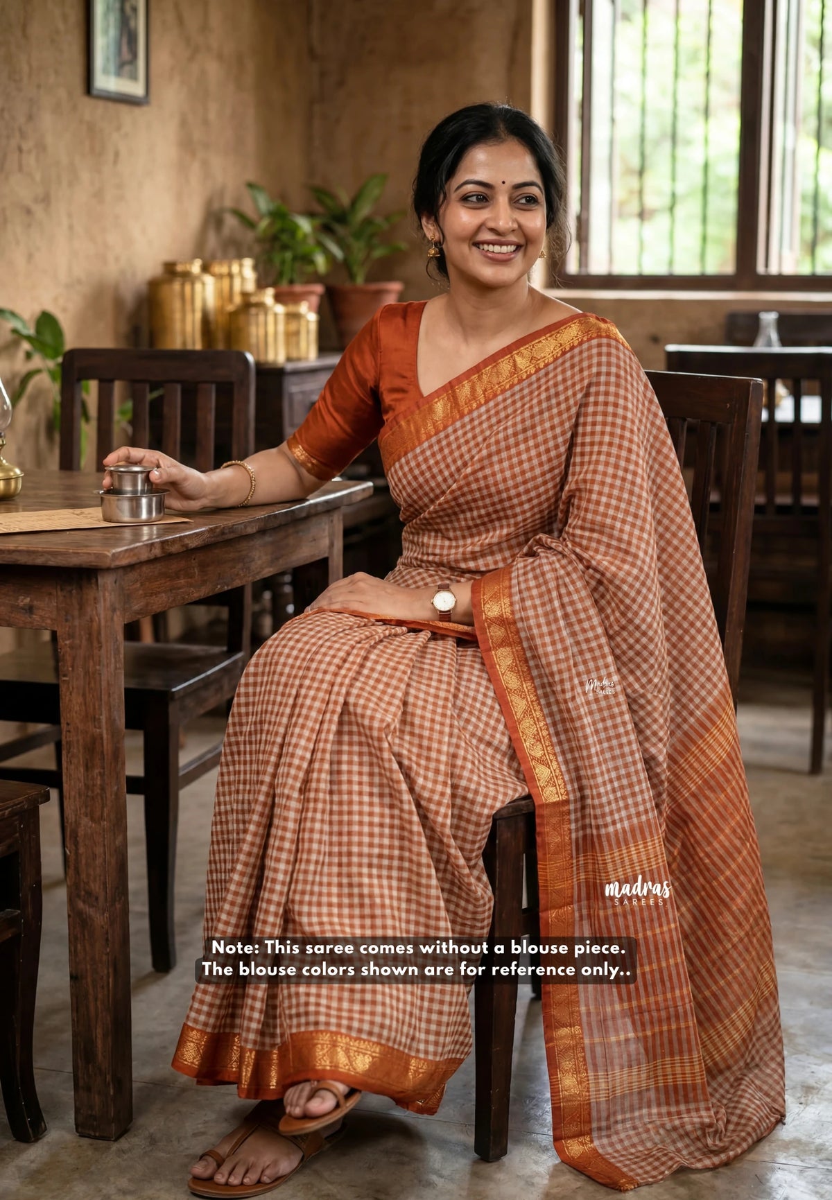 Beige with Brick Orange - Classic Kanchi Cotton Kandangi Checks with Zari Border without Blouse - Best for Temple Visit