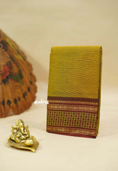 Dualshade Yellowish Green - Classic Kanchi cotton Saree Plain body with Rudraksham and checks Border - Best for Temple Visit