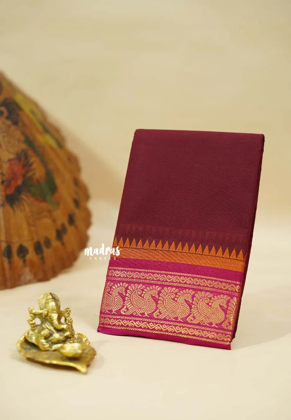 Majestic Maroon - Classic Kanchi cotton Saree Plain body with Peacock Border - Best for Temple Visit