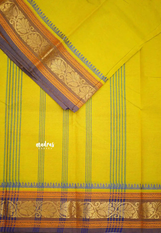 Classic Kanchi cotton small floral border  - Lemon yellow