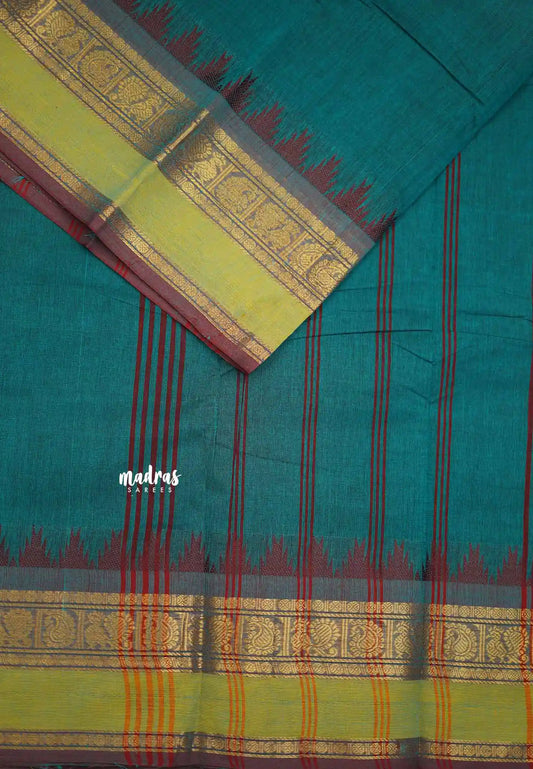 Classic Kanchi cotton with traditional annam double border  - Teal green