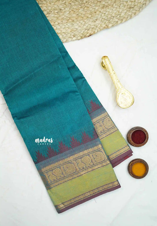 Classic Kanchi cotton with traditional annam double border  - Teal green