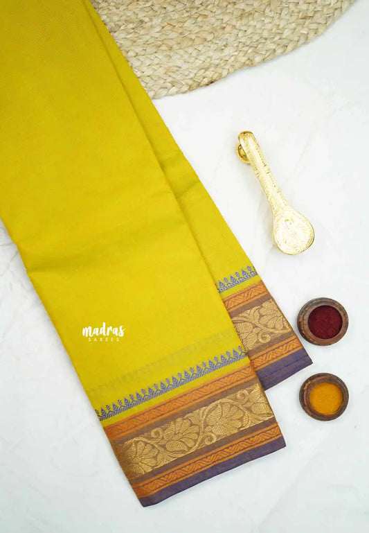 Classic Kanchi cotton small floral border  - Lemon yellow