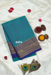 Teal Blue - Classic Kanchi cotton Saree Plain body with Parrot Border without Blouse -  Best for Temple Visit