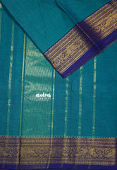 Teal Blue - Classic Kanchi cotton Saree Plain body with Parrot Border without Blouse -  Best for Temple Visit