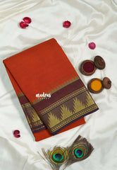 Rust Orange - Classic Kanchi cotton Saree Plain body with Temple Border No blouse - Best for Temple Visit