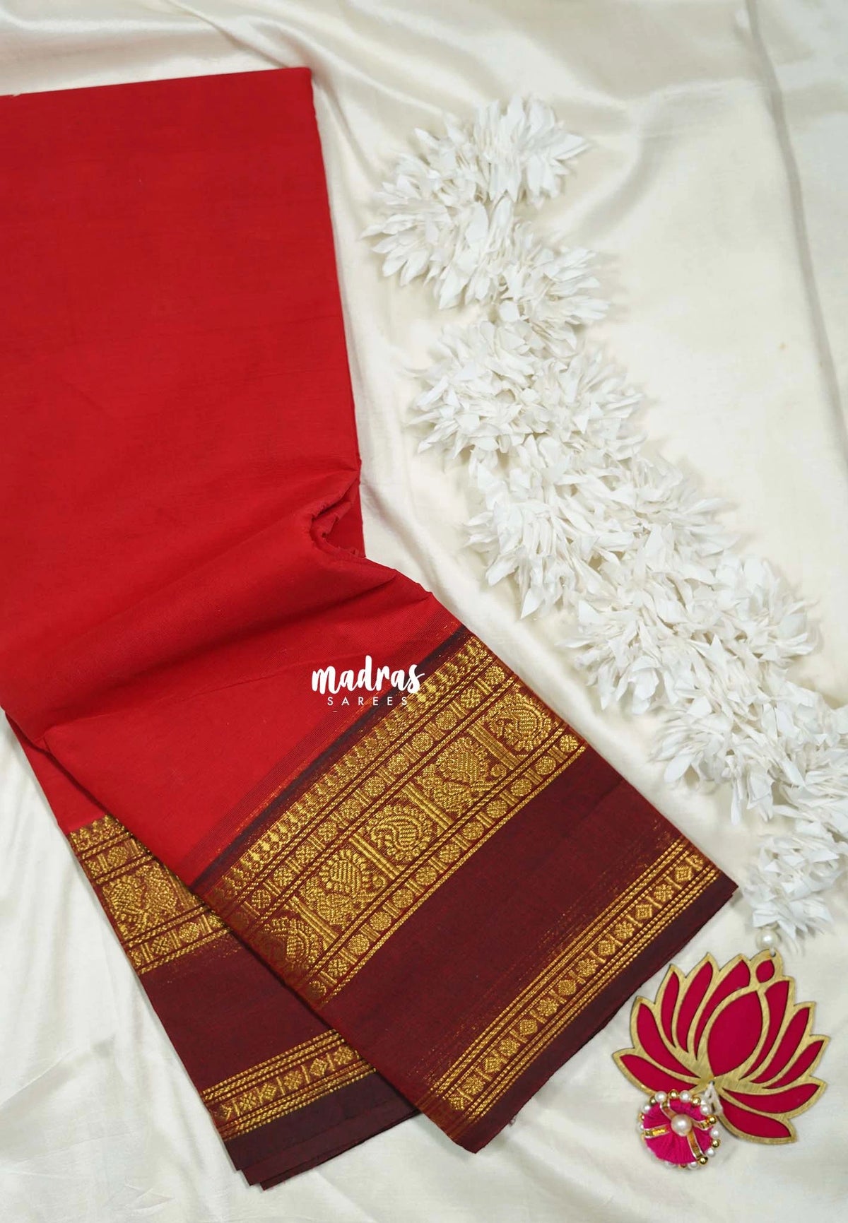Chilli Red - Classic Kanchi cotton Saree Plain body with Mango, Mayil and Rudraksham Border No blouse - Best for Temple Visit