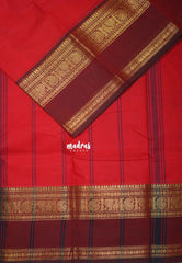 Chilli Red - Classic Kanchi cotton Saree Plain body with Mango, Mayil and Rudraksham Border No blouse - Best for Temple Visit