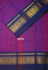 Dual Shade Magenta with Navy Blue - Classic Kanchi Cotton Plain Body with Peacock Border and No Blouse - Best for Small Functions