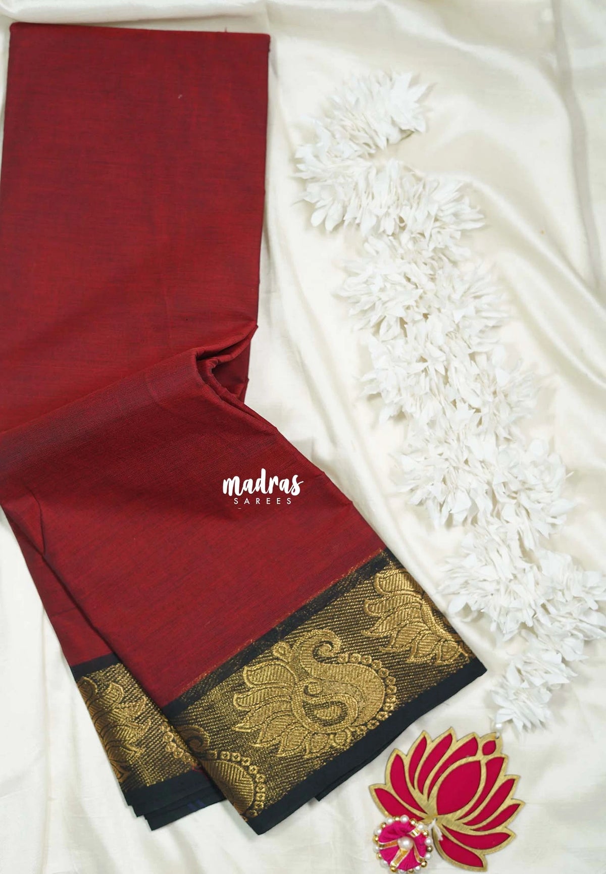 Reddish Maroon - Classic Kanchi Cotton Plain Body with Mango Border and No Blouse - Best for Small Functions