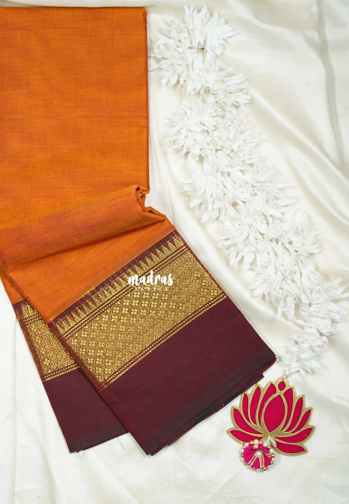 Turmeric Orange - Classic Kanchi Cotton Plain Body with Skirt Border and No Blouse - Best for Small Functions