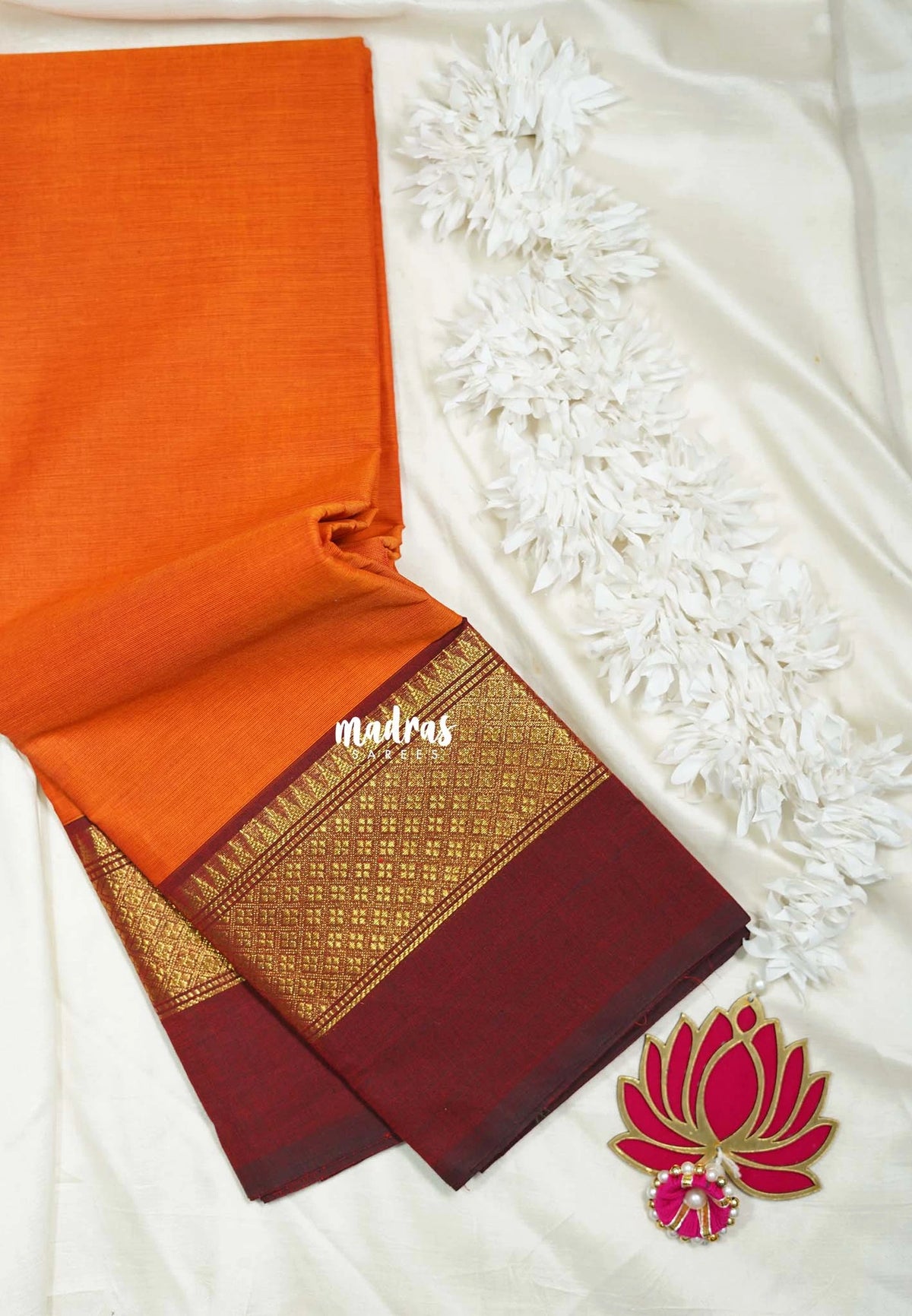 Sendhoor Orange - Classic Kanchi Cotton Plain Body with Skirt Border and No Blouse - Best for Small Functions