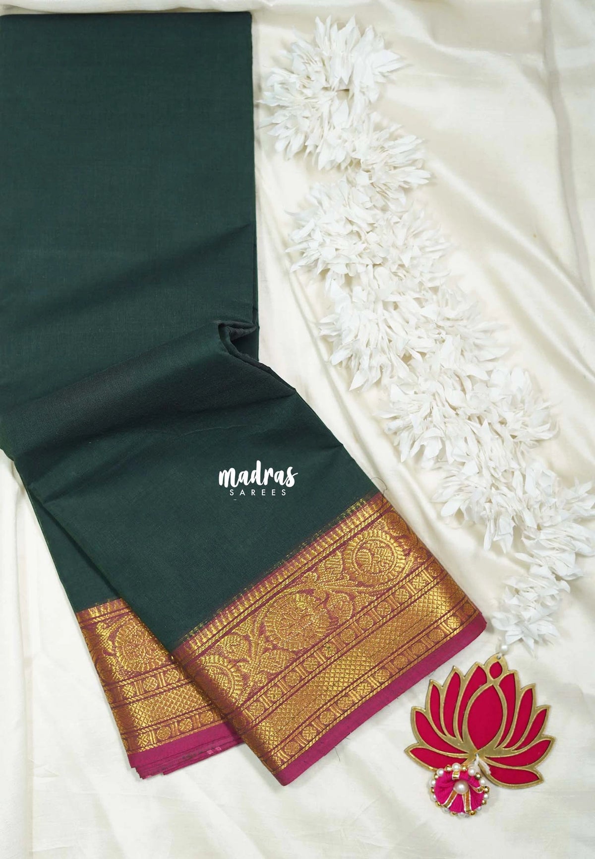 Midnight Green - Classic Kanchi Cotton Plain Body with Rudraksham Border and No Blouse - Best for Small Functions