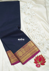 Midnight Blue - Classic Kanchi Cotton Plain Body with Rudraksham Border and No Blouse - Best for Small Functions