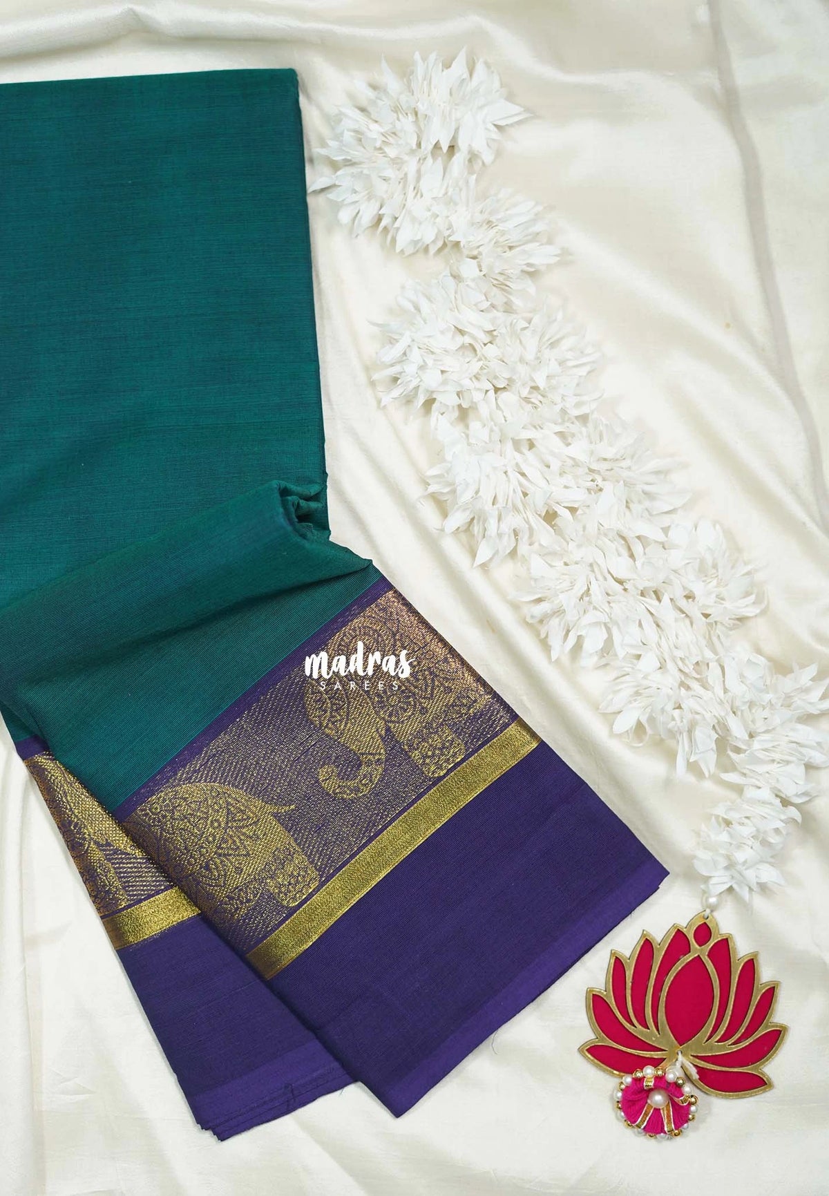 Peacock Green - Classic Kanchi Cotton Plain Body with Yanai Border and No Blouse - Best for Small Functions