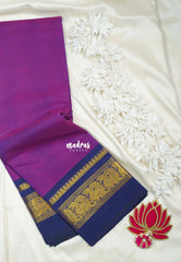 Dual Shade Magenta with Navy Blue - Classic Kanchi Cotton Plain Body with Peacock Border and No Blouse - Best for Small Functions