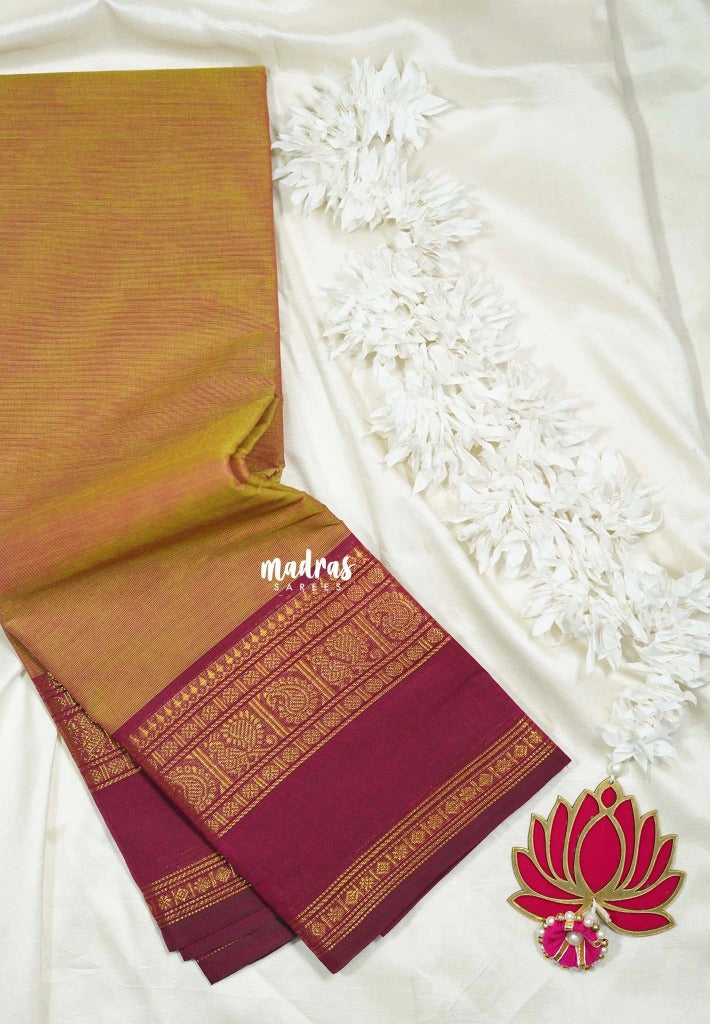Dual Shade Mustard Glow with Maroon - Classic Kanchi cotton Saree Plain body with Mango, Mayil and Rudraksham Border No blouse - Best for Temple Visit
