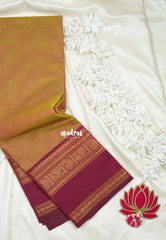 Dual Shade Mustard Glow with Maroon - Classic Kanchi cotton Saree Plain body with Mango, Mayil and Rudraksham Border No blouse - Best for Temple Visit