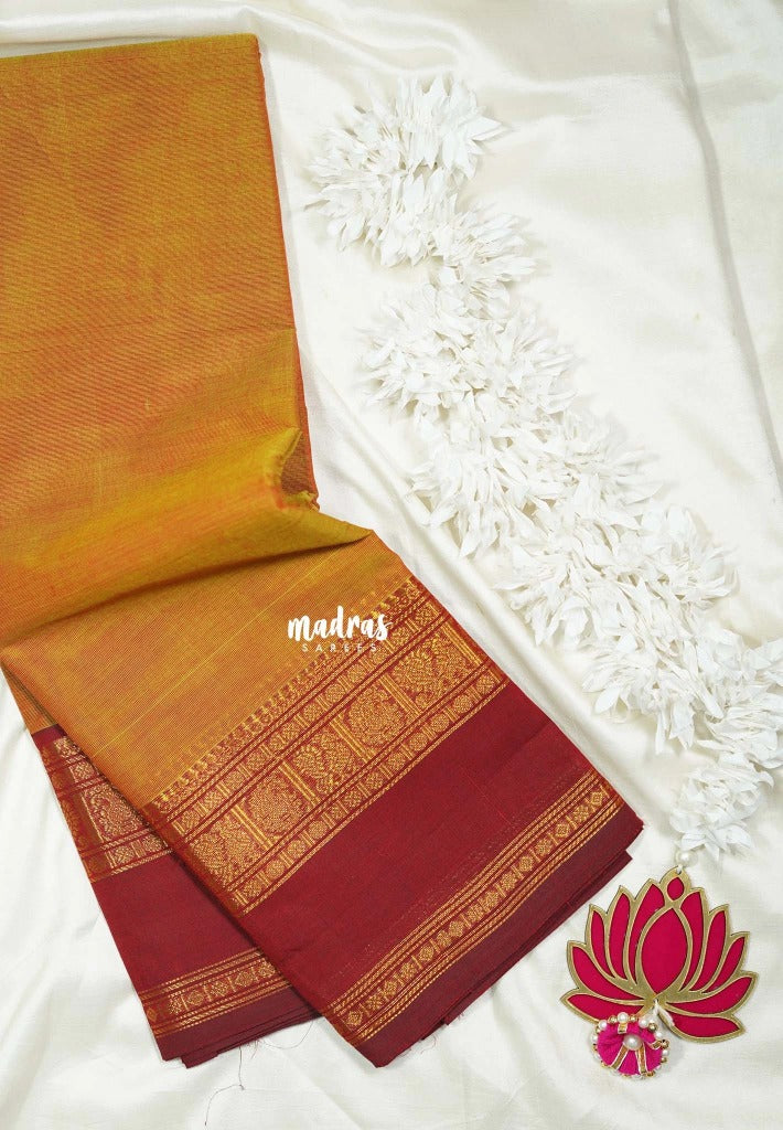 Dual Shade Mustard Glow - Classic Kanchi cotton Saree Plain body with Mango, Mayil and Rudraksham Border No blouse - Best for Temple Visit
