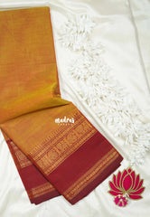 Dual Shade Mustard Glow - Classic Kanchi cotton Saree Plain body with Mango, Mayil and Rudraksham Border No blouse - Best for Temple Visit