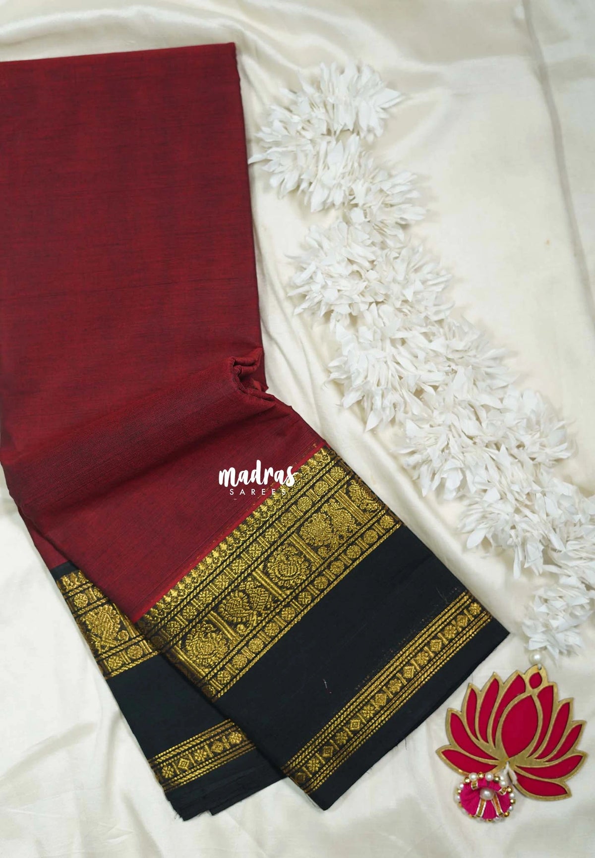 Majestic Maroon - Classic Kanchi cotton Saree Plain body with Mango, Mayil and Rudraksham Border No blouse - Best for Temple Visit