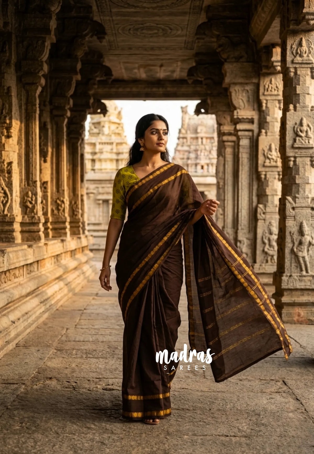 Coffee Brown - Subbulakshmi - Sungudi 100 Count Plain Saree with Rettapetta Rudraksham Border with kolam Blouse Combo - Best for Casual Wear | Summer Wear | Temple visit