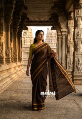 Coffee Brown - Subbulakshmi - Sungudi 100 Count Plain Saree with Rettapetta Rudraksham Border with kolam Blouse Combo - Best for Casual Wear | Summer Wear | Temple visit
