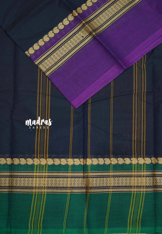 Navy Blue - Contemporary Chettinad cotton plain body with ganga jamuna border