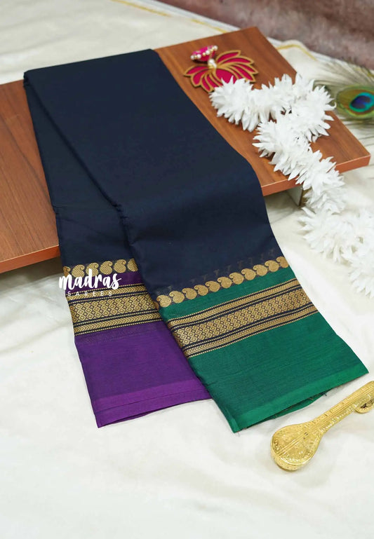 Navy Blue - Contemporary Chettinad cotton plain body with ganga jamuna border