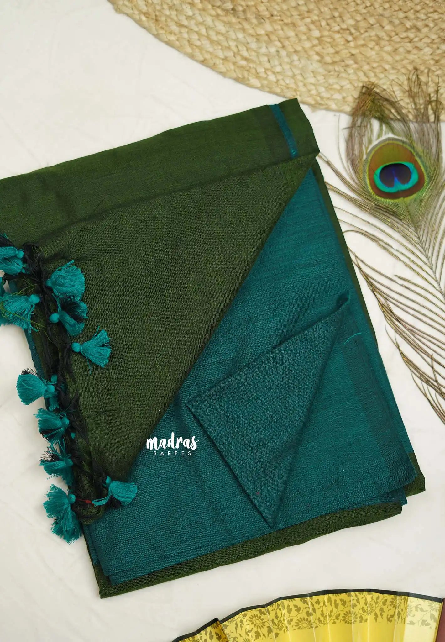 khadi contrast pallu Cyan Green with army green pallu - Shruti - Madras Sarees 